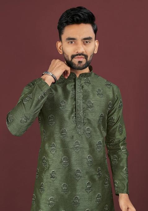 Green Embroidered Silk Kurta For Men