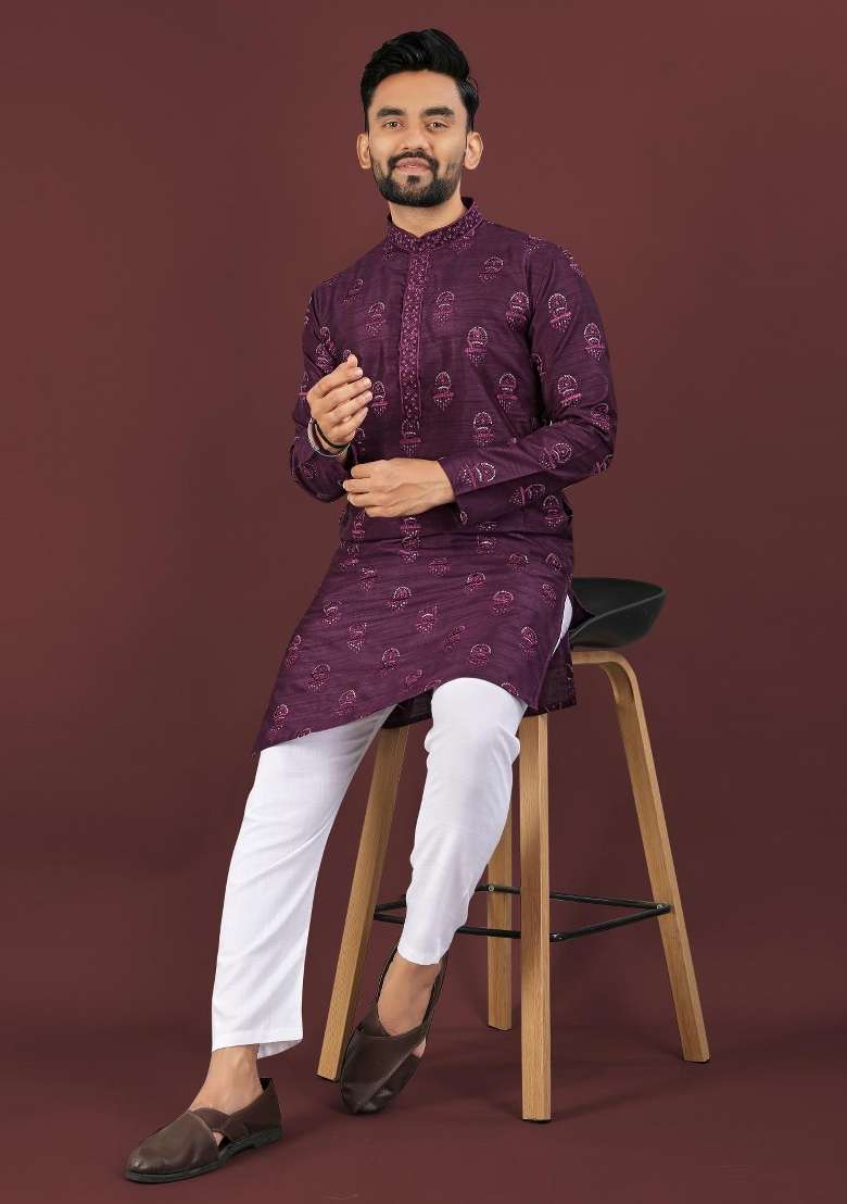 Purple Embroidered Silk Blend Kurta For Men - Indya