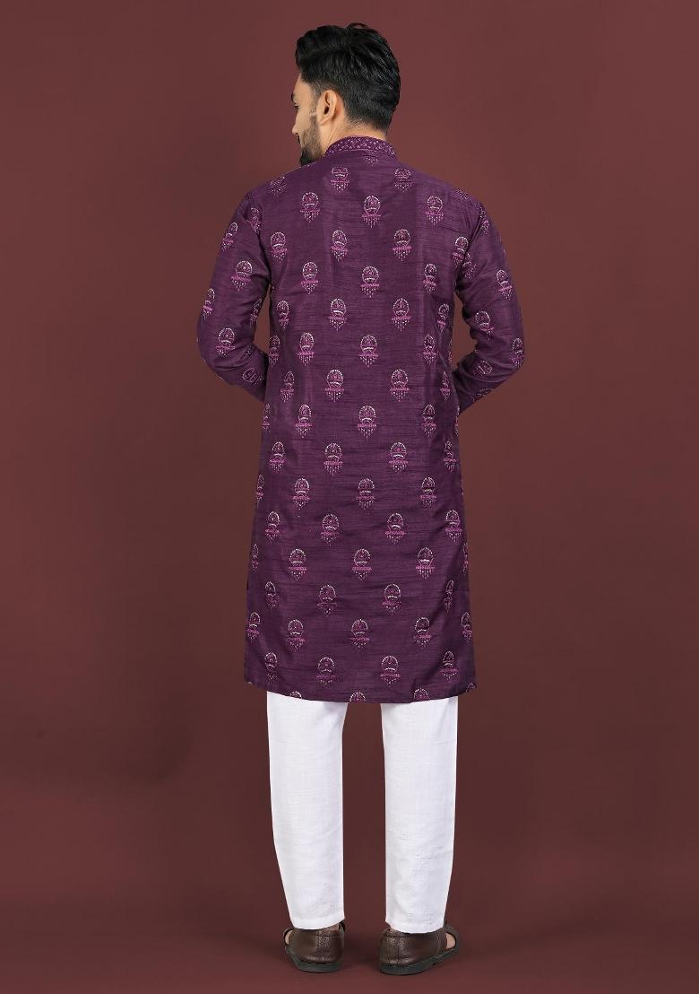 Purple Embroidered Silk Kurta For Men - Indya