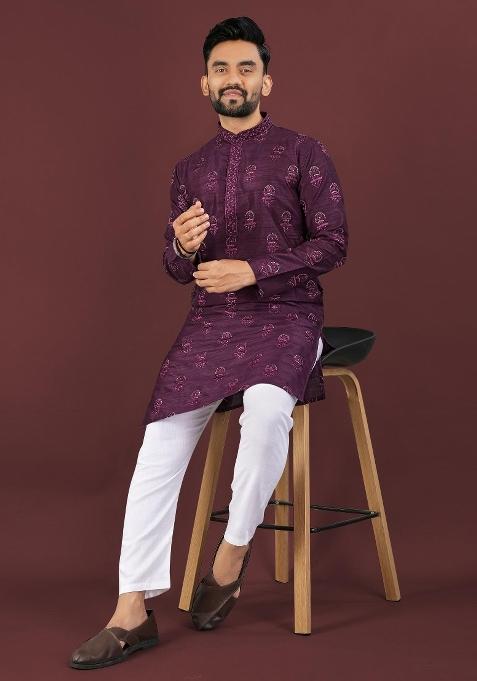 Purple Embroidered Silk Kurta For Men