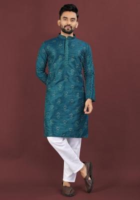 Turquoise Embroidered Silk Kurta For Men