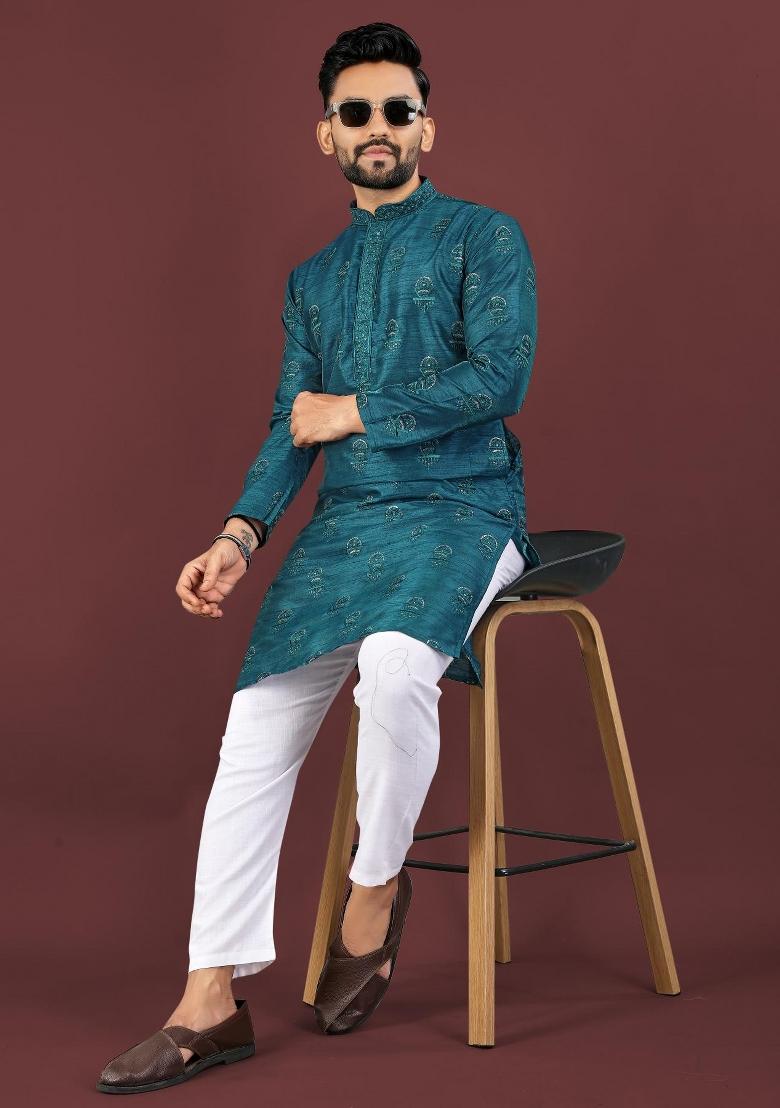 Turquoise Embroidered Silk Kurta For Men - Indya