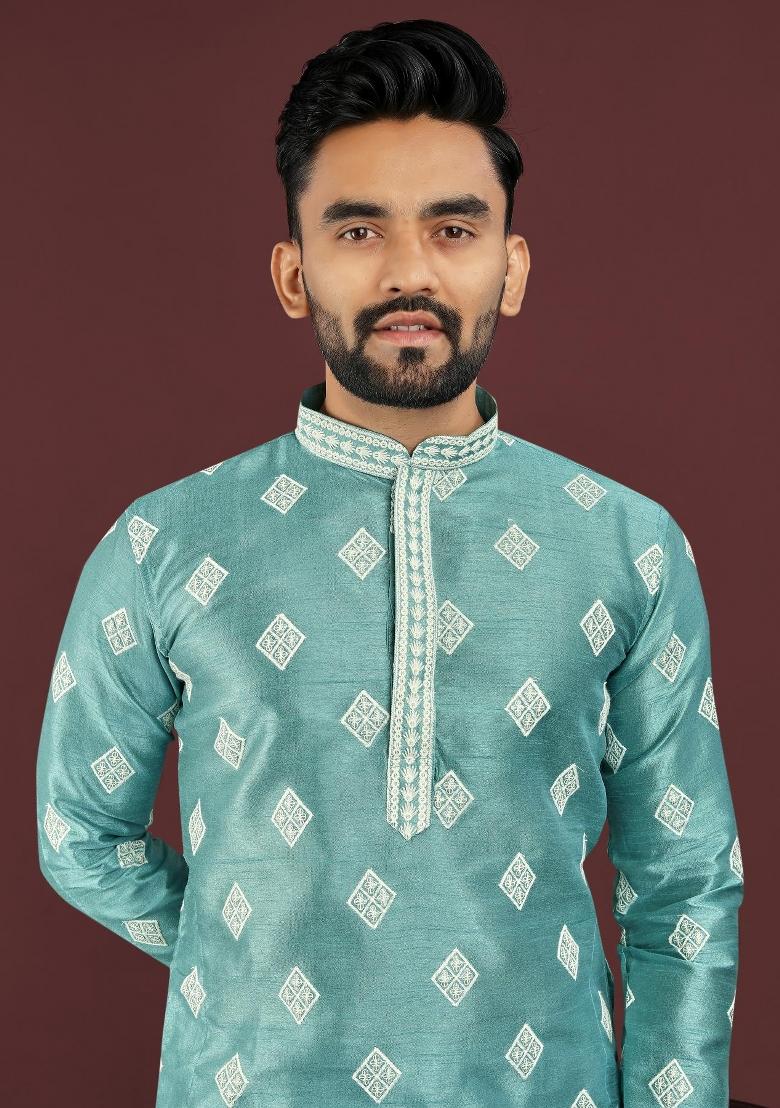 Blue Embroidered Silk Kurta For Men