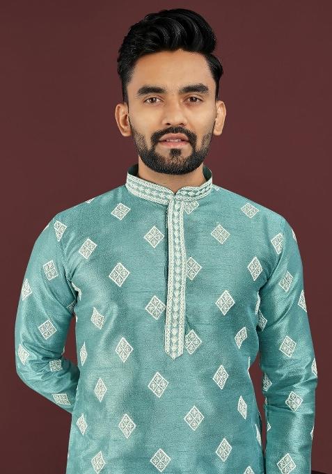 Blue Embroidered Silk Kurta For Men