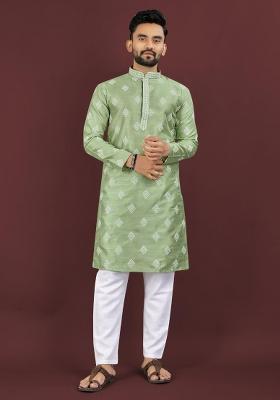 Green Embroidered Silk Kurta For Men