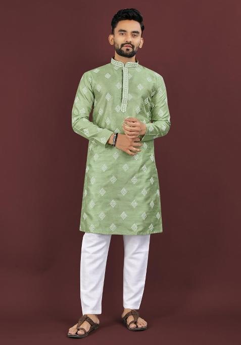 Green Embroidered Silk Kurta For Men