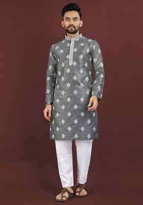 Grey Embroidered Silk Kurta For Men