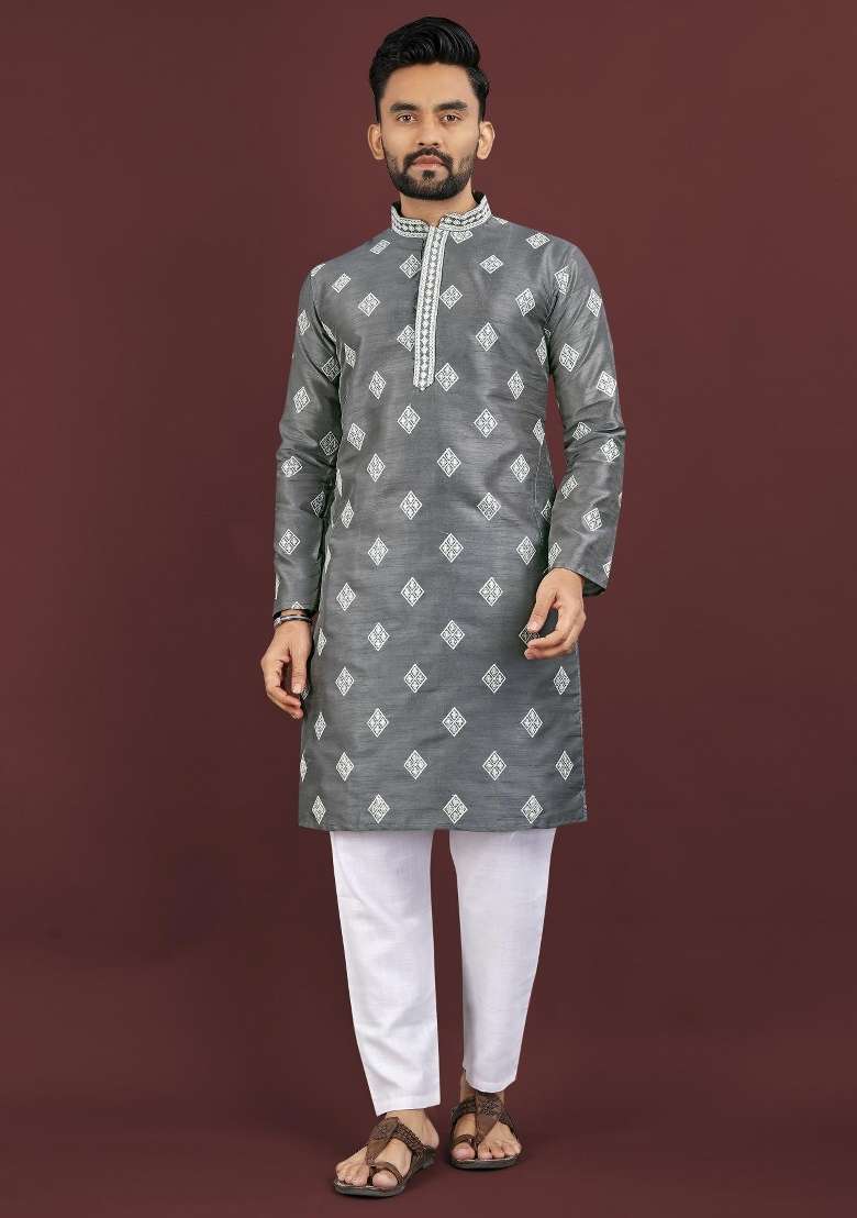 Grey Embroidered Silk Blend Kurta For Men - Indya