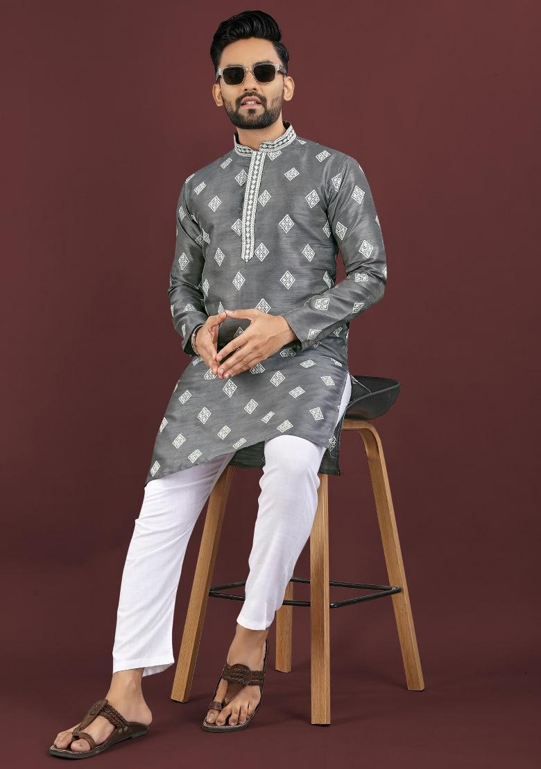 Grey Embroidered Silk Kurta For Men - Indya