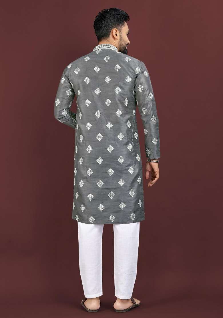 Grey Embroidered Silk Blend Kurta For Men - Indya
