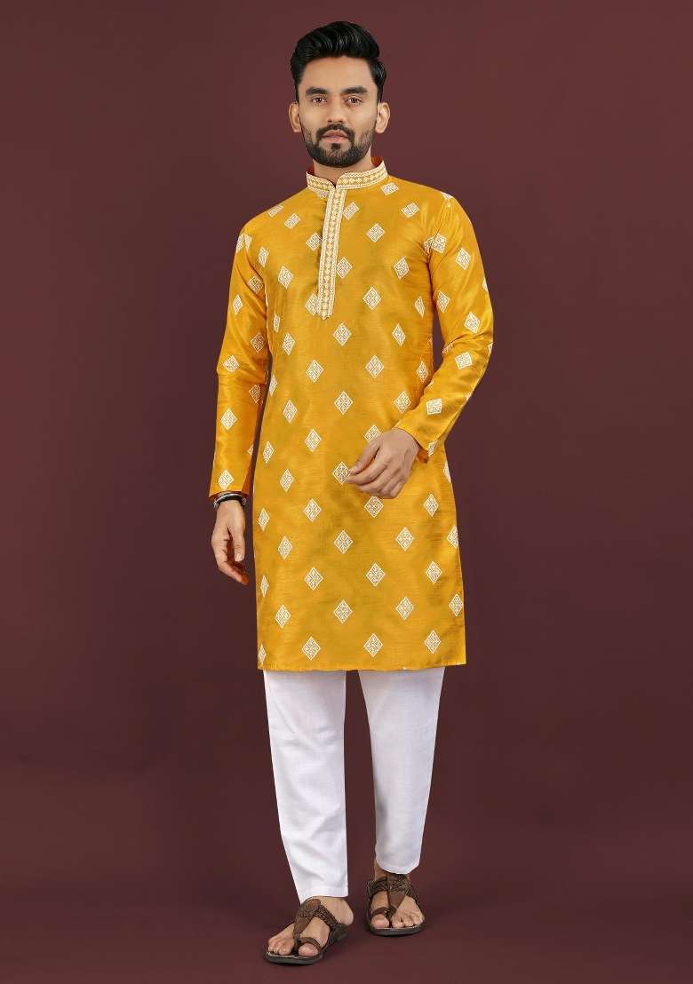 Yellow Embroidered Silk Kurta For Men - Indya