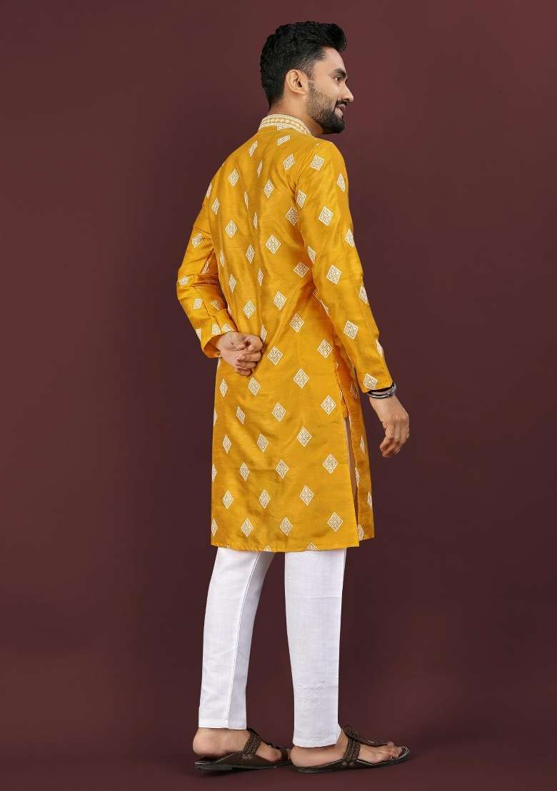 Yellow Embroidered Silk Kurta For Men - Indya