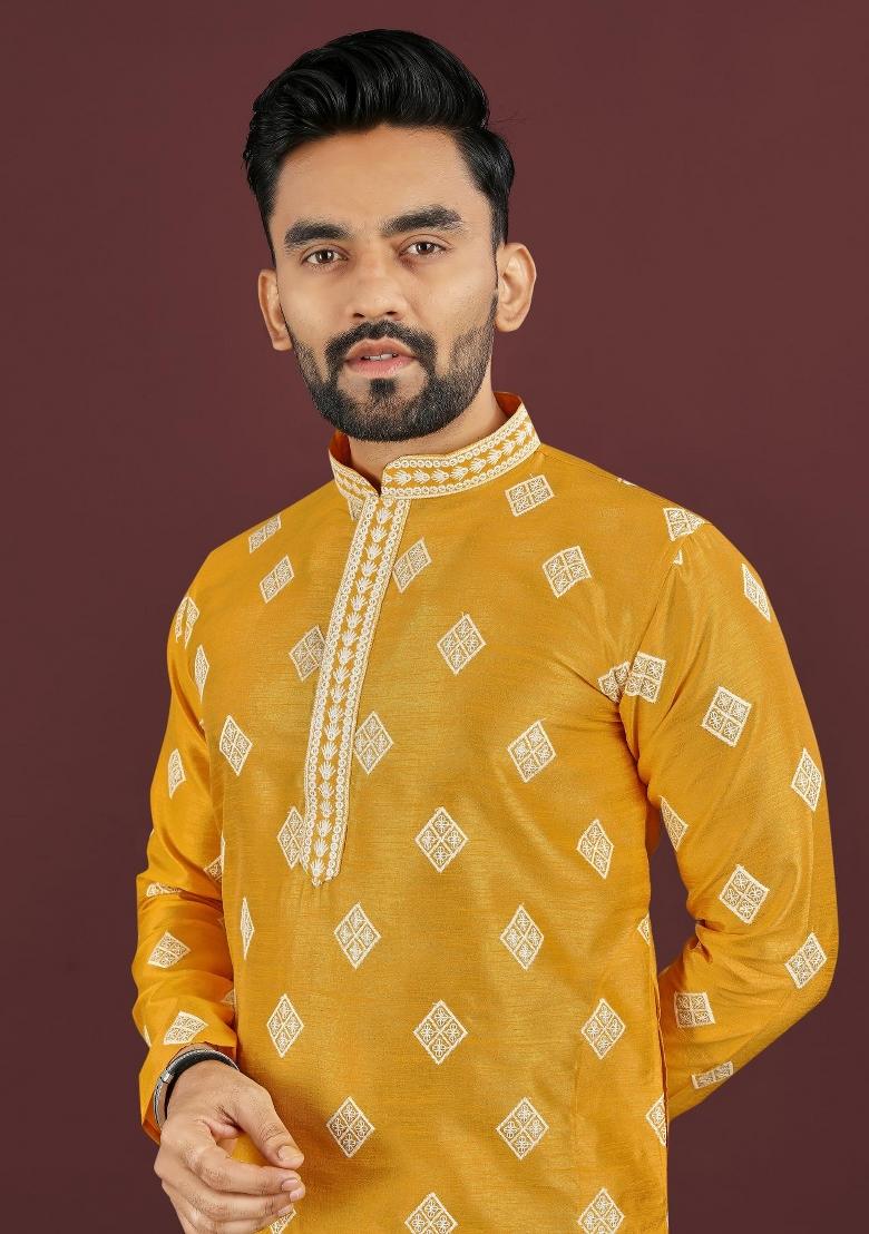 Yellow Embroidered Silk Kurta For Men - Indya