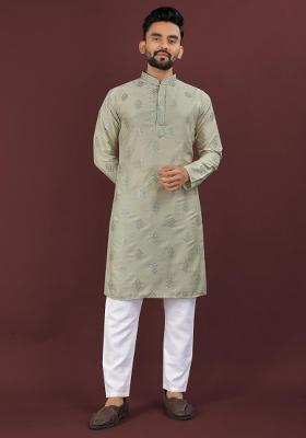 Green Embroidered Silk Kurta For Men