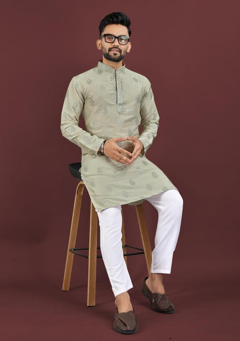 Green Embroidered Silk Kurta For Men - Indya
