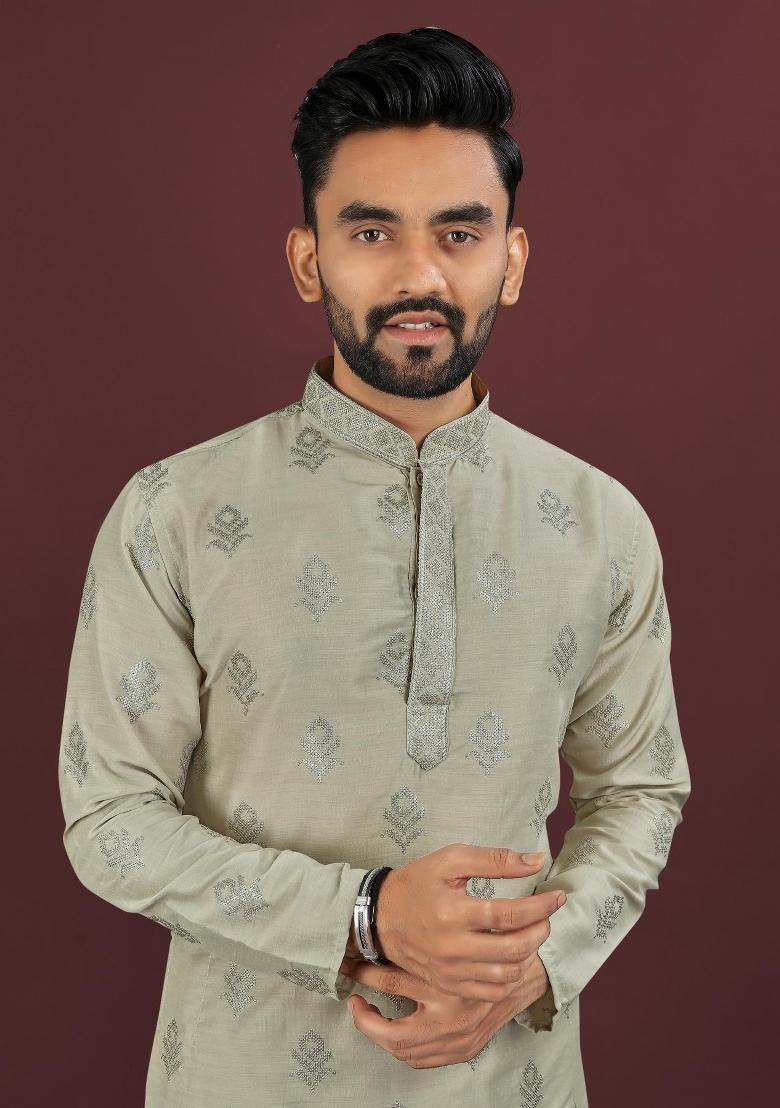 Green Embroidered Silk Kurta For Men - Indya