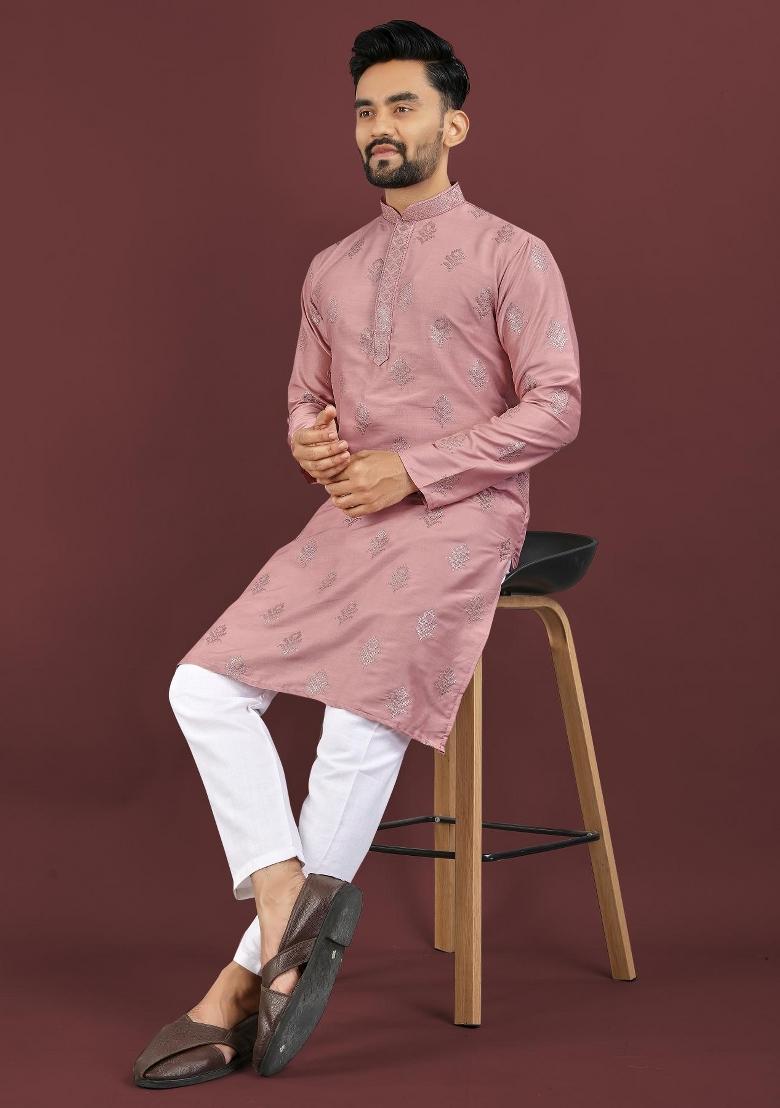 Pink Embroidered Silk Kurta For Men - Indya