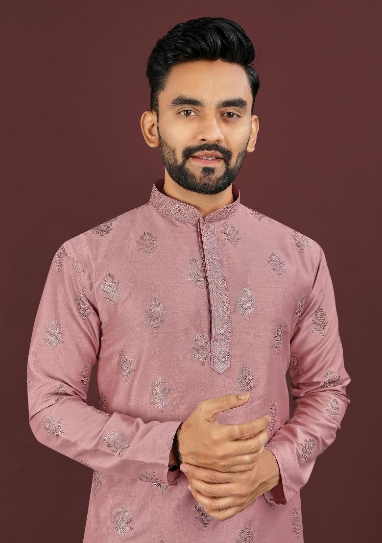 Pink Embroidered Silk Kurta For Men - Indya