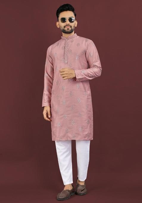 Pink Embroidered Silk Kurta For Men