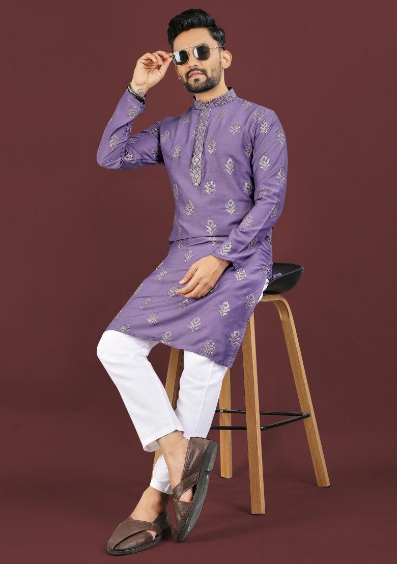 Purple Embroidered Silk Kurta For Men - Indya