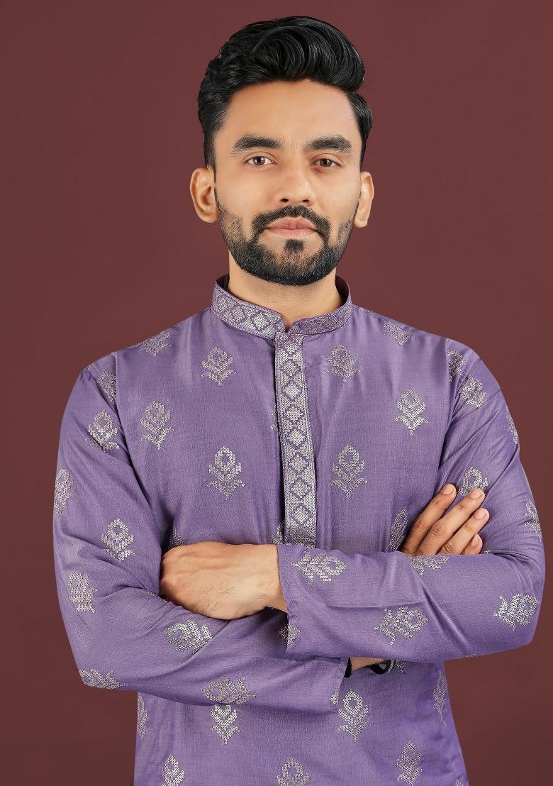 Purple Embroidered Silk Kurta For Men - Indya