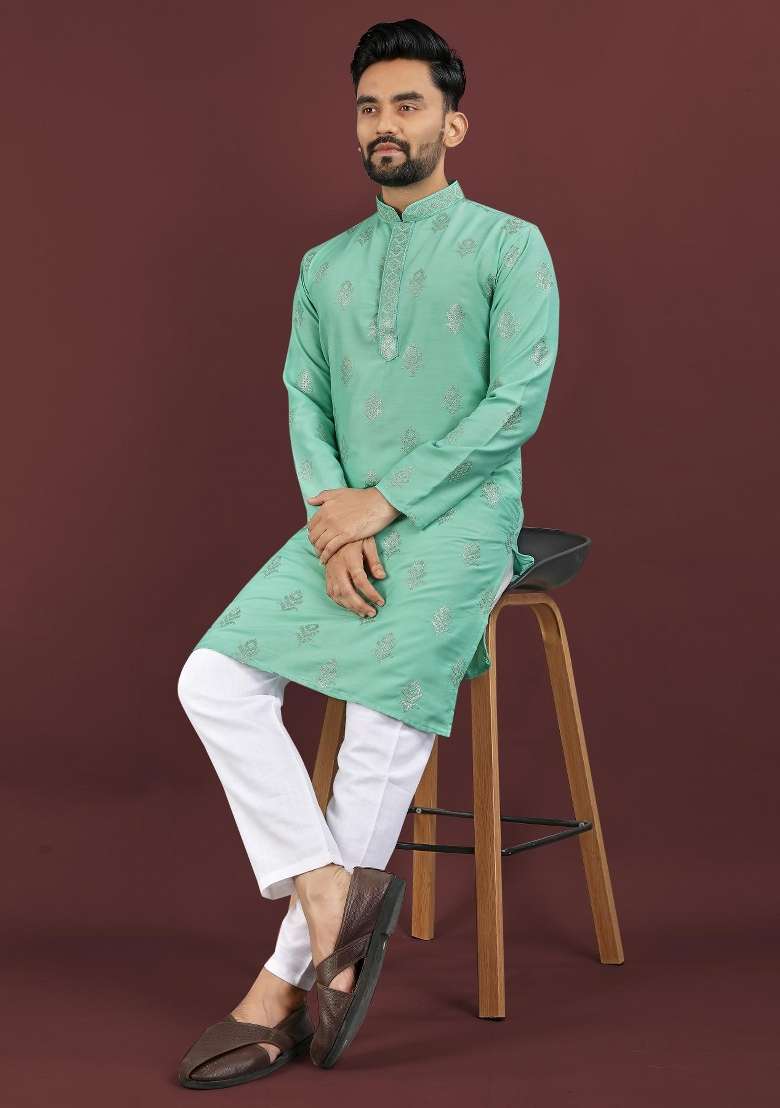 Turquoise Embroidered Silk Blend Kurta For Men - Indya