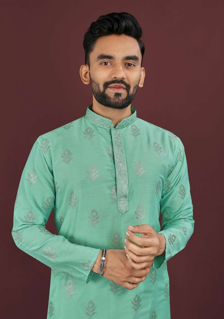 Turquoise Embroidered Silk Blend Kurta For Men - Indya