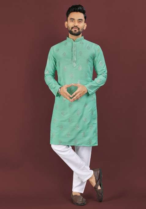 Turquoise Embroidered Silk Blend Kurta For Men