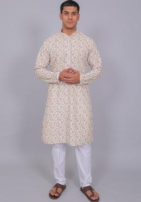 White Printed Cotton Kurta Set For Men