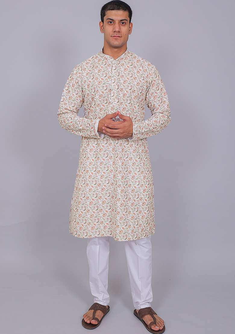 White Printed Cotton Kurta Set For Men - Indya
