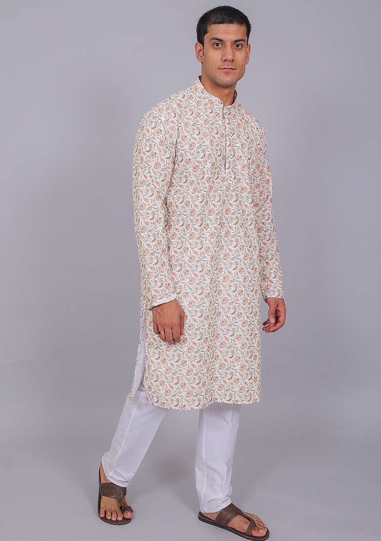 White Printed Cotton Kurta Set For Men - Indya