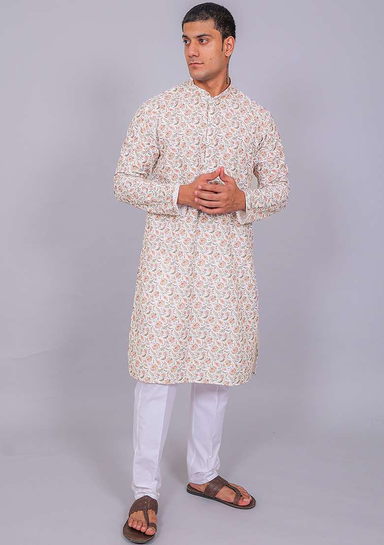 White Printed Cotton Kurta Set For Men - Indya