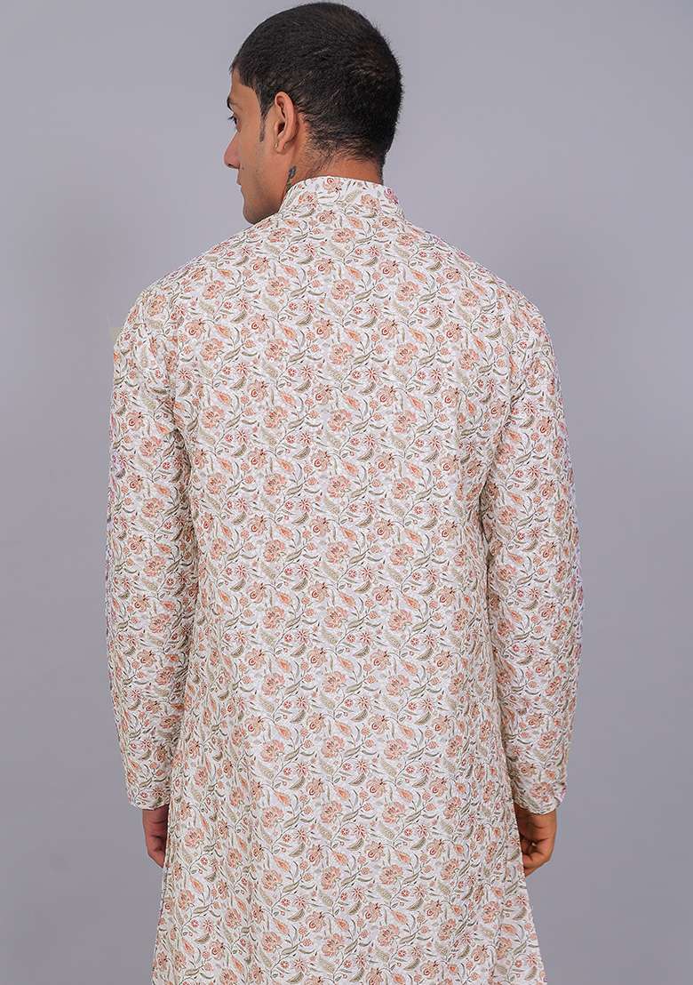 White Printed Cotton Kurta Set For Men - Indya