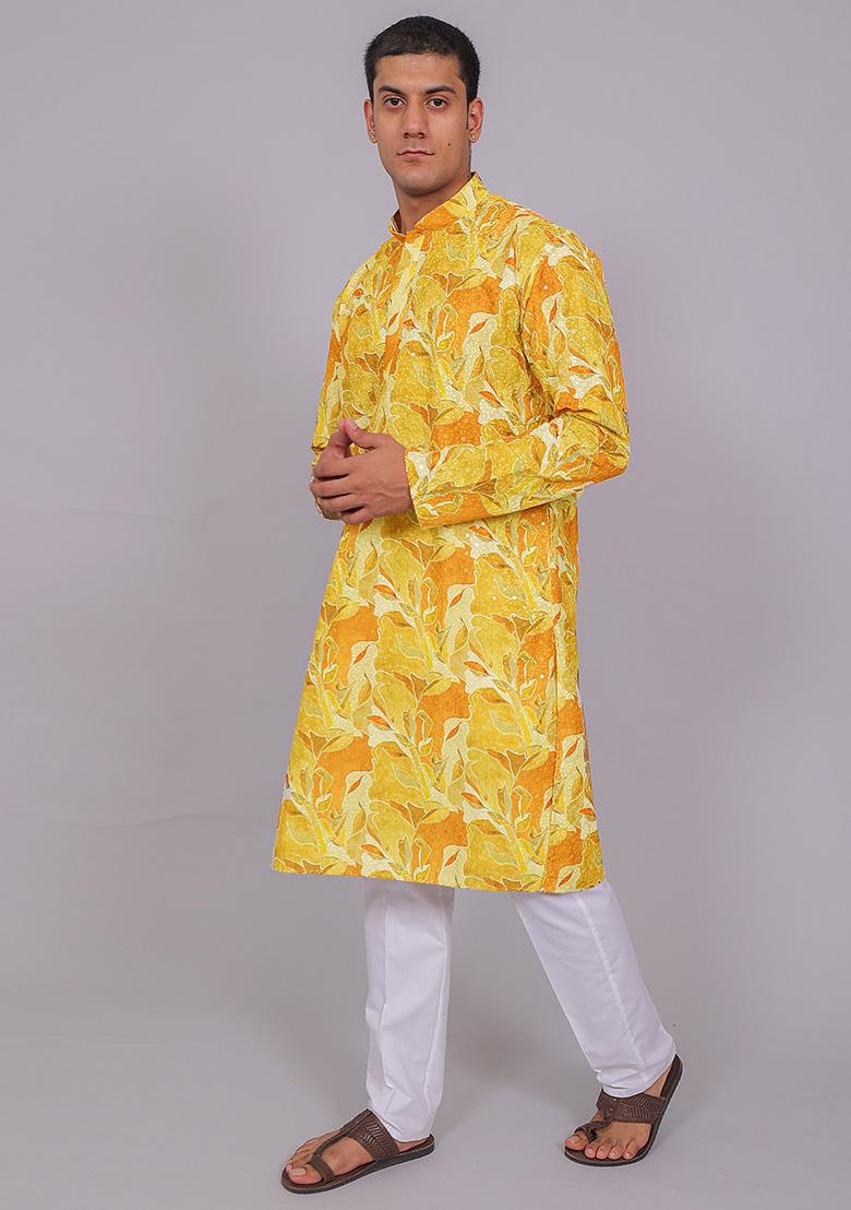 Lemon Yellow Printed Cotton Kurta Set For Men