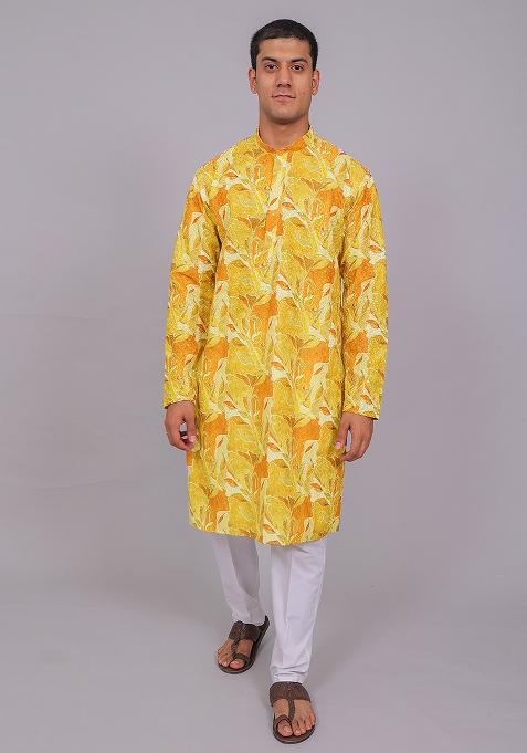 Lemon Yellow Printed Cotton Kurta Set For Men