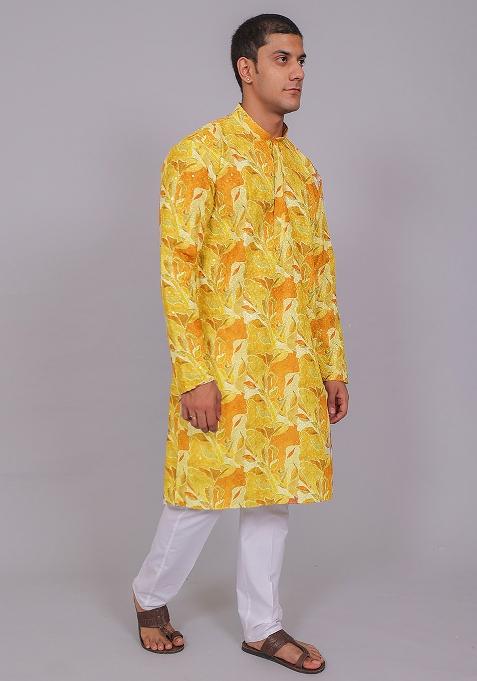 Lemon Yellow Printed Cotton Kurta Set For Men