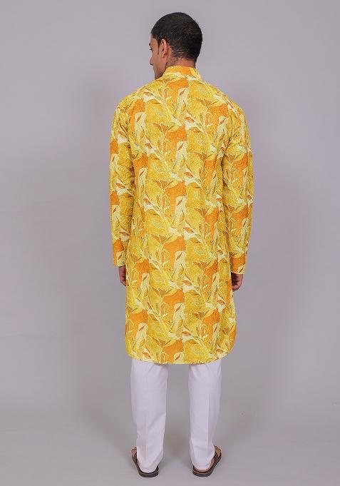 Lemon Yellow Printed Cotton Kurta Set For Men