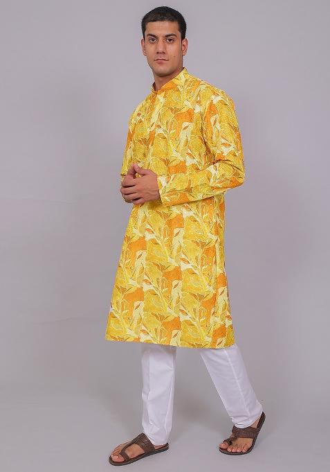 Lemon Yellow Printed Cotton Kurta Set For Men
