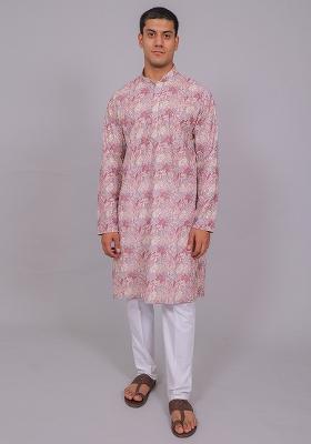 Pink Printed Cotton Kurta Set For Men