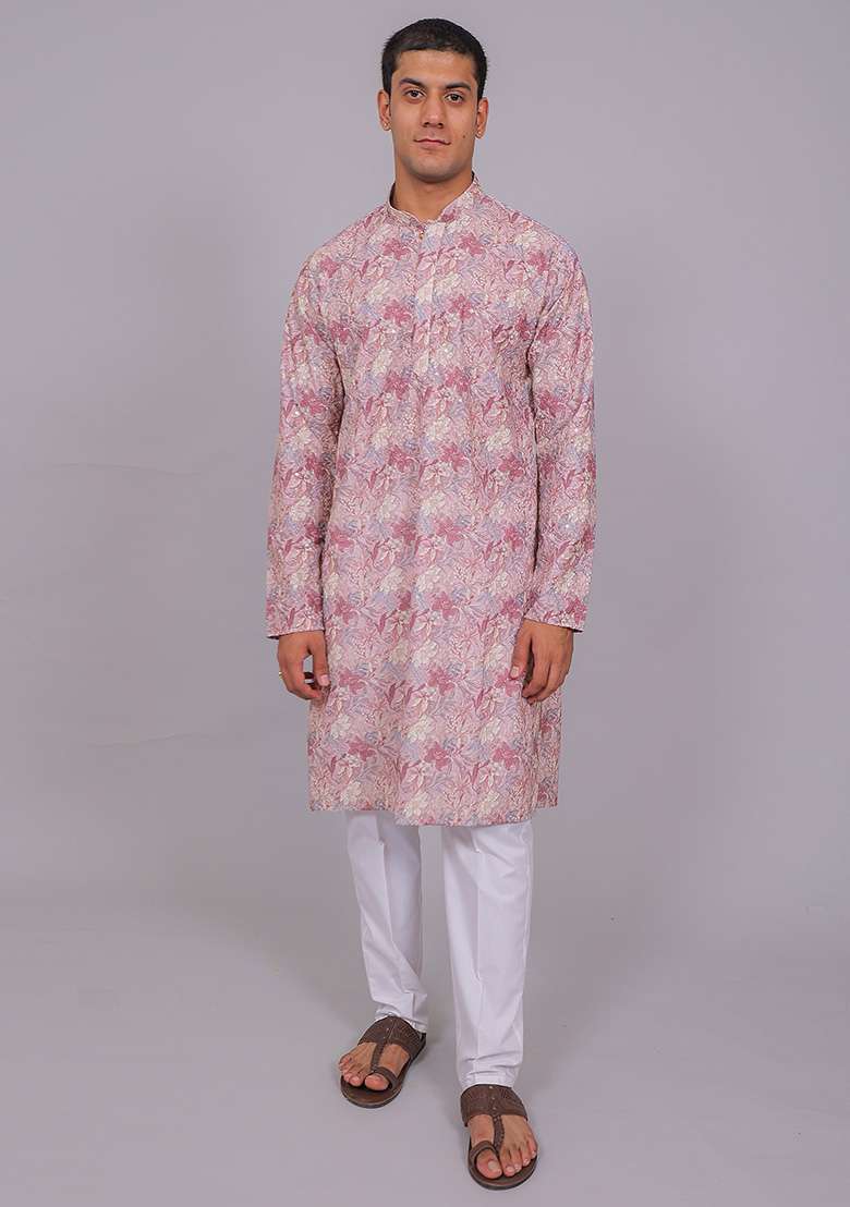 Pink Printed Cotton Kurta Set For Men - Indya