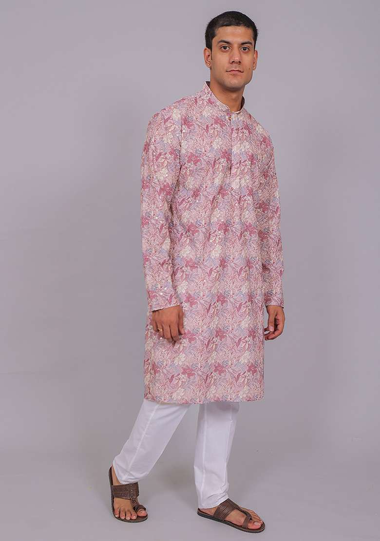 Pink Printed Cotton Kurta Set For Men - Indya
