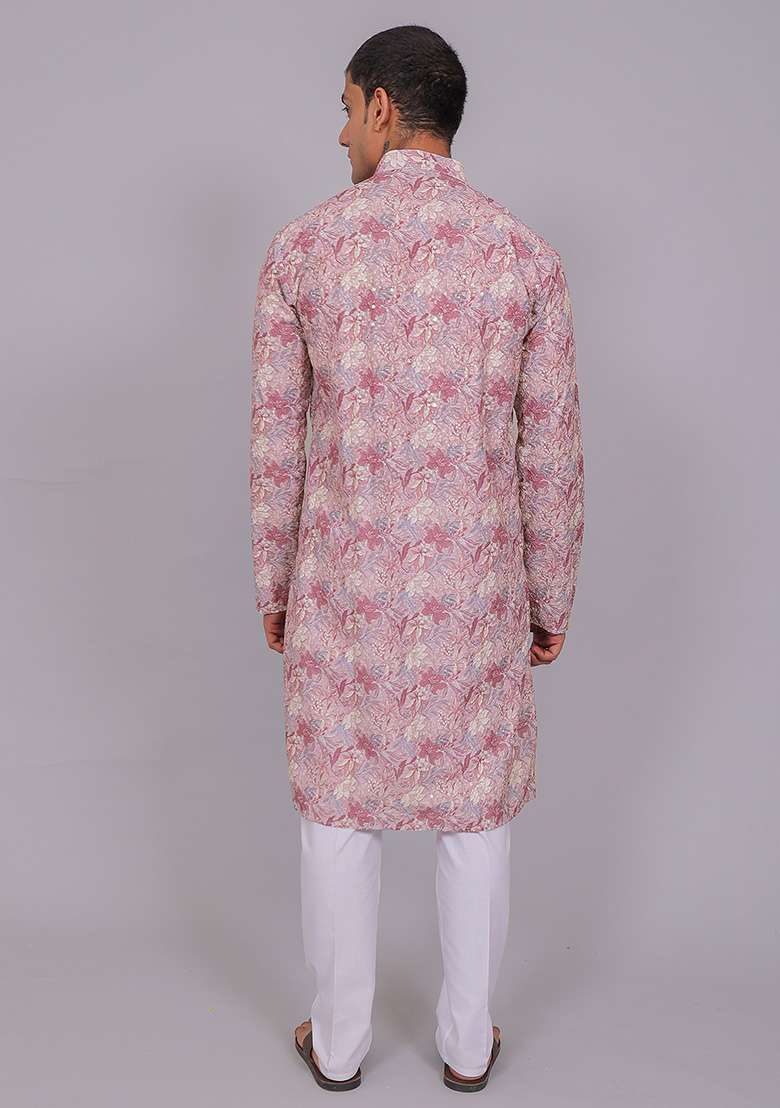 Pink Printed Cotton Kurta Set For Men - Indya