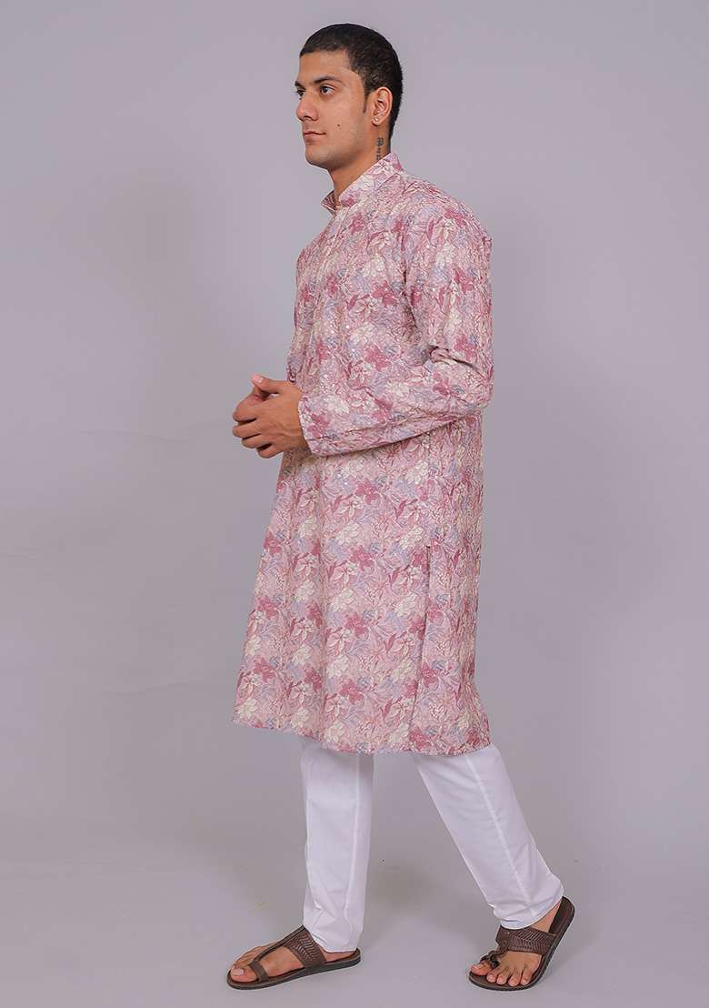 Pink Printed Cotton Kurta Set For Men - Indya