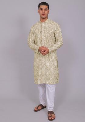 Olive Green Printed Cotton Kurta Set For Men
