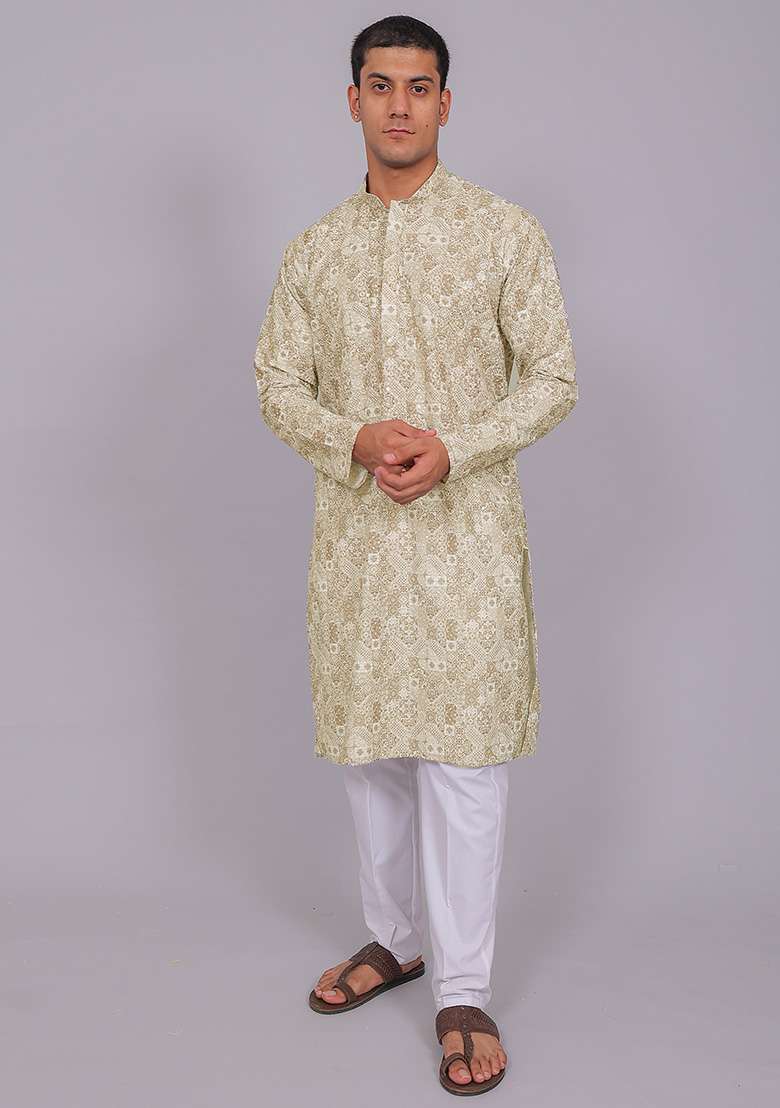 Olive Green Printed Cotton Kurta Set For Men - Indya
