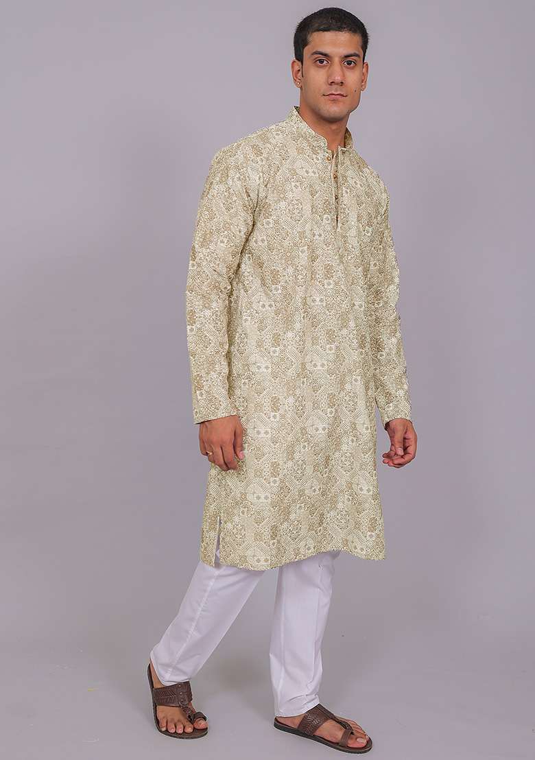 Olive Green Printed Cotton Kurta Set For Men - Indya