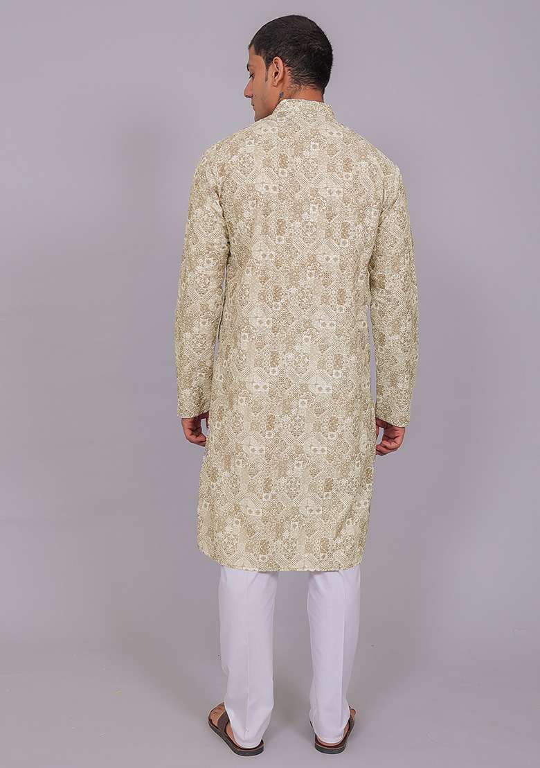 Olive Green Printed Cotton Kurta Set For Men - Indya