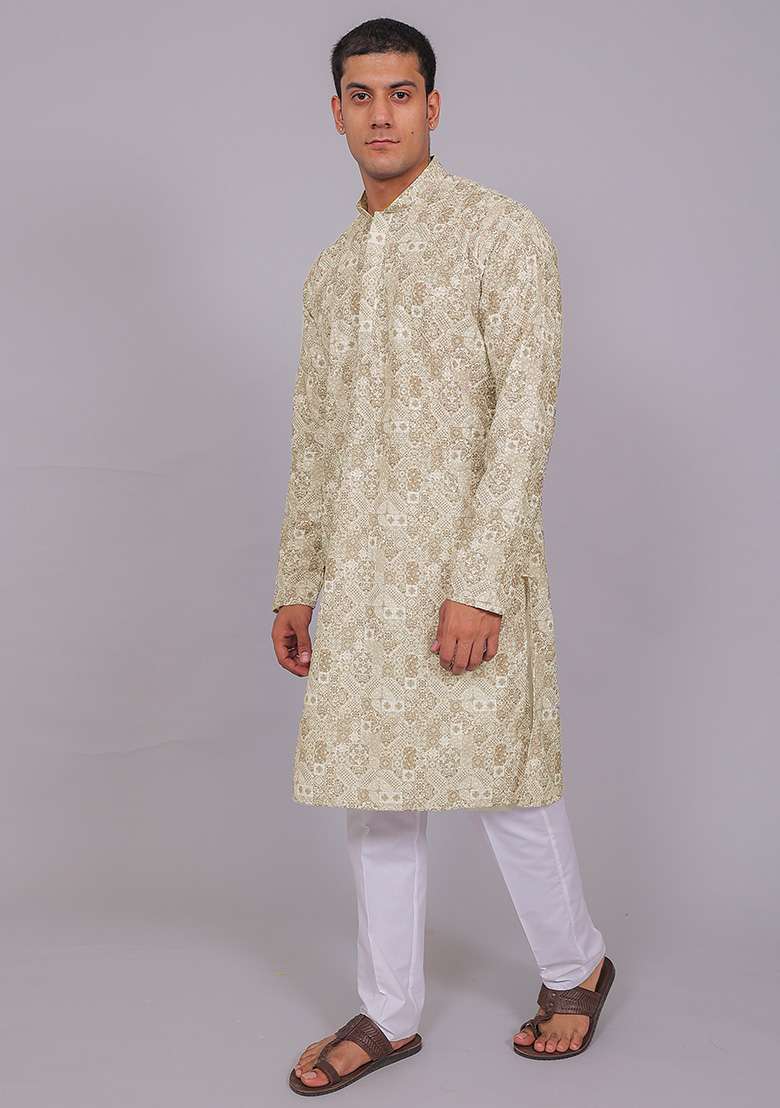Olive Green Printed Cotton Kurta Set For Men - Indya