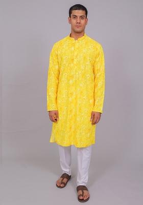 Yellow Printed Cotton Kurta Set For Men