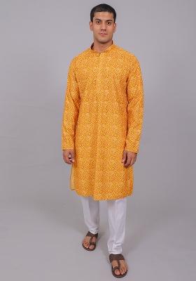 Yellow Pink Printed Cotton Kurta Set For Men